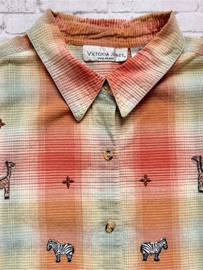 Victoria Jones Woman Orange Plaid Embroidered Animals Button-Up Shirt